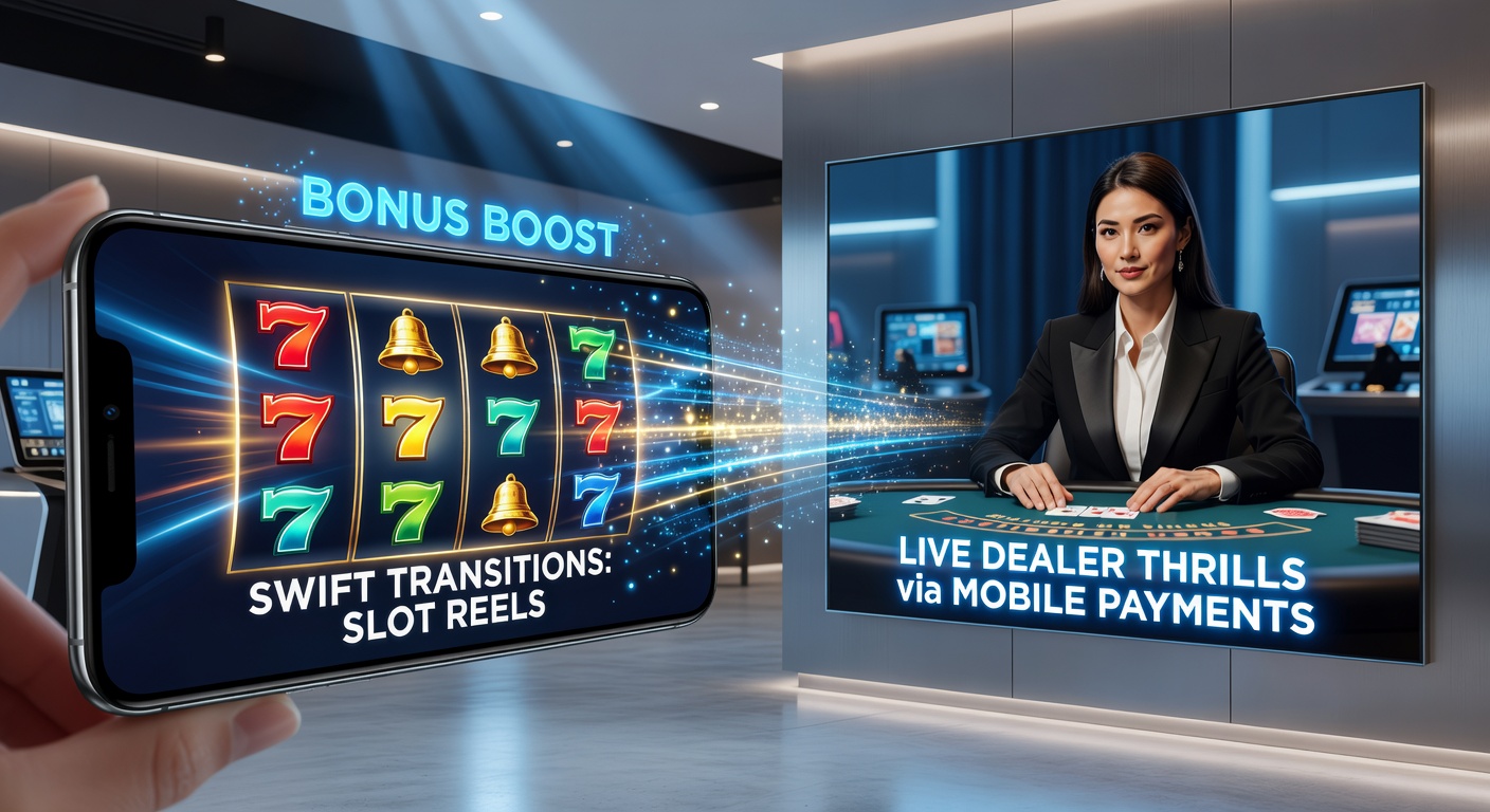 Live-Dealer an einem Roulette-Tisch auf einem Tablet, mit Slot-Symbolen im Hintergrund und mobilen Zahlungs-Apps sowie Bonus-Pop-ups, die den dynamischen Übergang illustrieren